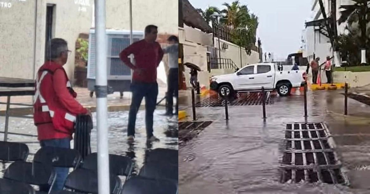 Personas y vehículo en áreas inundadas de Mazatlán tras fallo de obra millonaria.