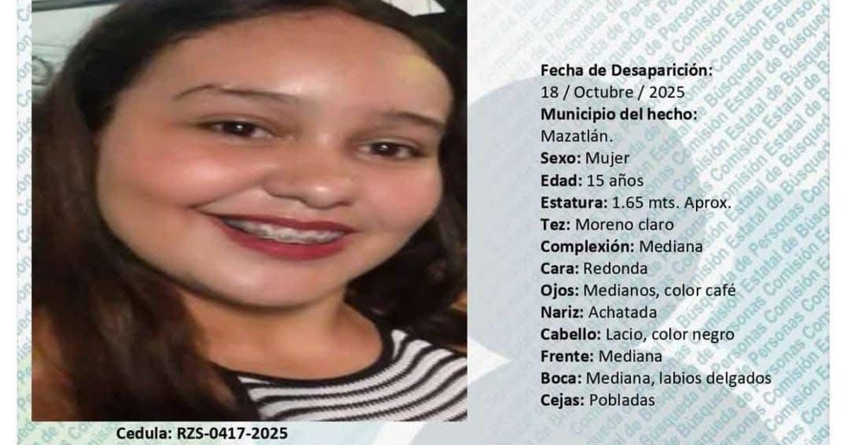 Cartel de búsqueda de Itzel Guadalupe Reyes Tirado, desaparecida en Mazatlán el 18 de octubre de 2025.