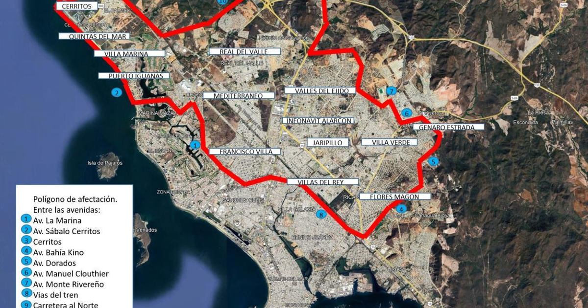 Mapa de Mazatlán mostrando áreas afectadas por la reducción de producción en la potabilizadora Miravalles, con avenidas y colonias destacadas.