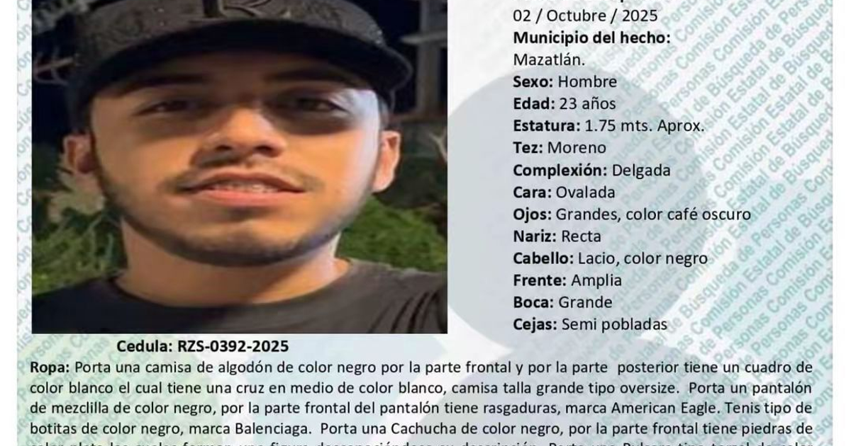 Ficha de búsqueda de Kevin Antonio González Osuna, desaparecido en Mazatlán.