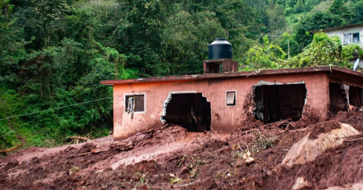 Edificio dañado por deslizamiento de tierra en México, rodeado de vegetación y escombros.