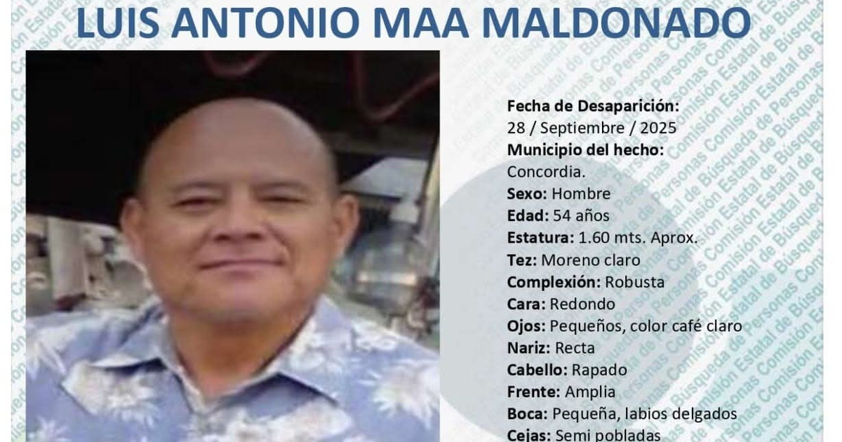 Cartel de búsqueda de Luis Antonio Maa Maldonado, desaparecido en Concordia, Sinaloa.