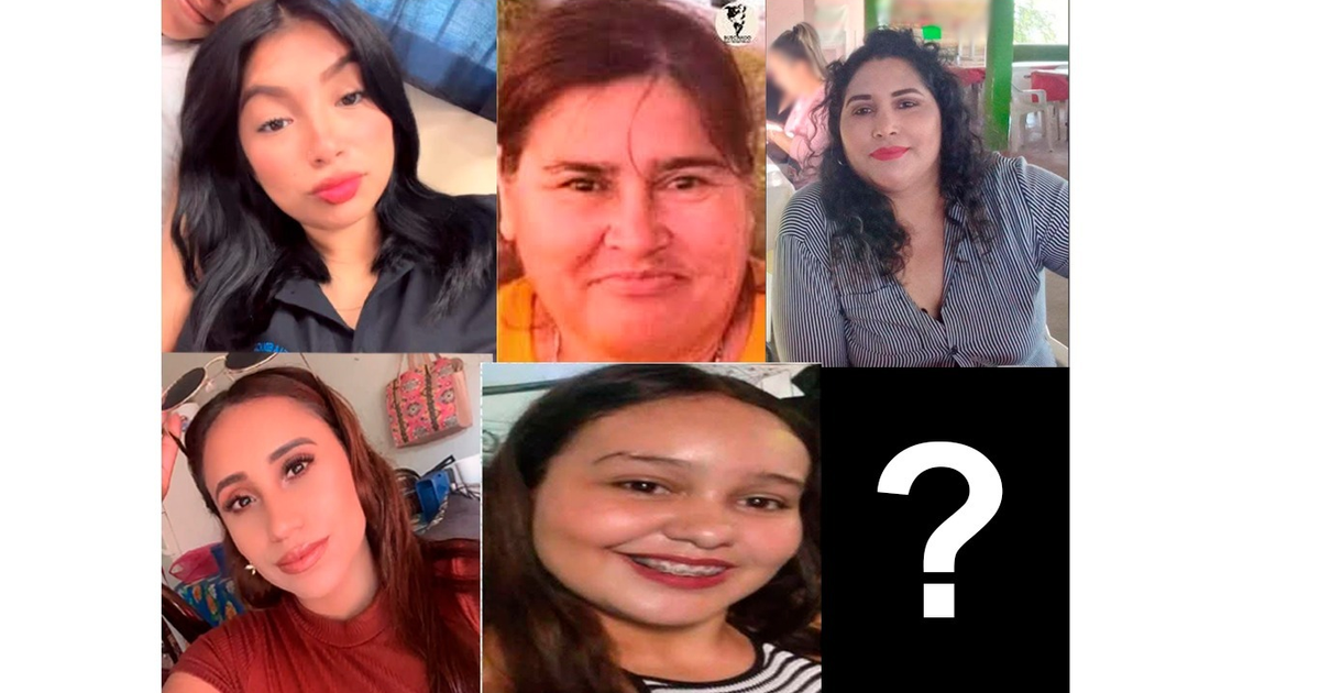 Collage de rostros de personas desaparecidas en Mazatlán, con un espacio en negro y un signo de interrogación.