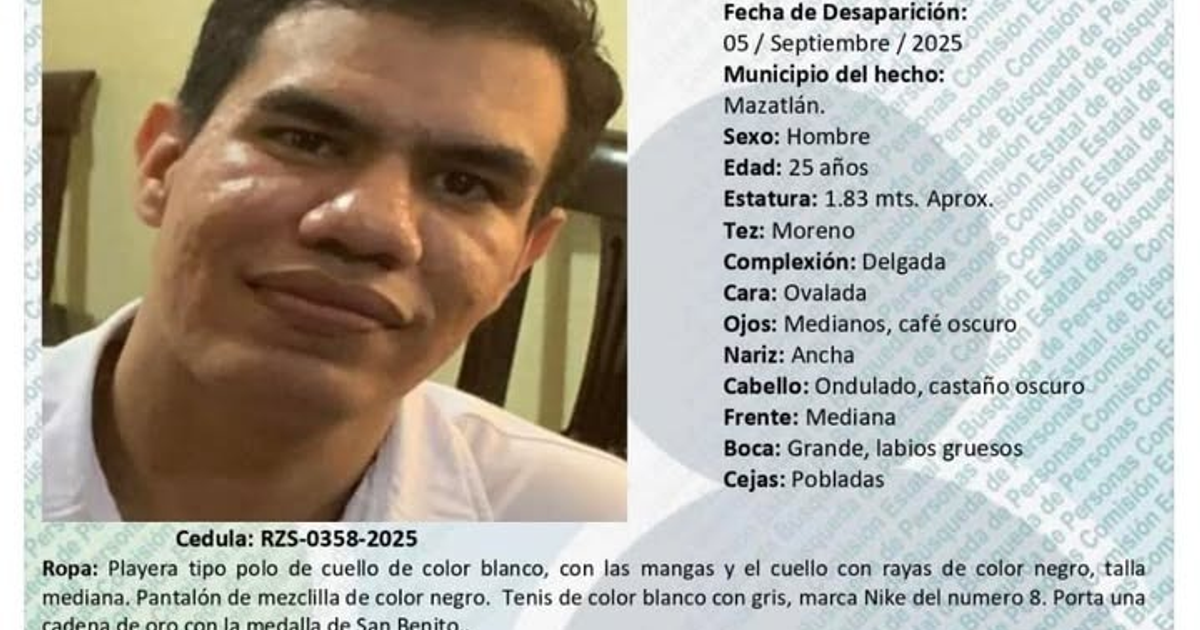 Cartel de búsqueda de Óscar David Cruz Martínez, desaparecido en Mazatlán, Sinaloa.