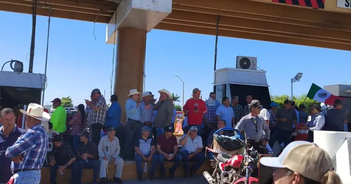 Productores agrícolas en protesta en la caseta Cuatro Caminos, Guasave, Sinaloa, con bandera mexicana de fondo.