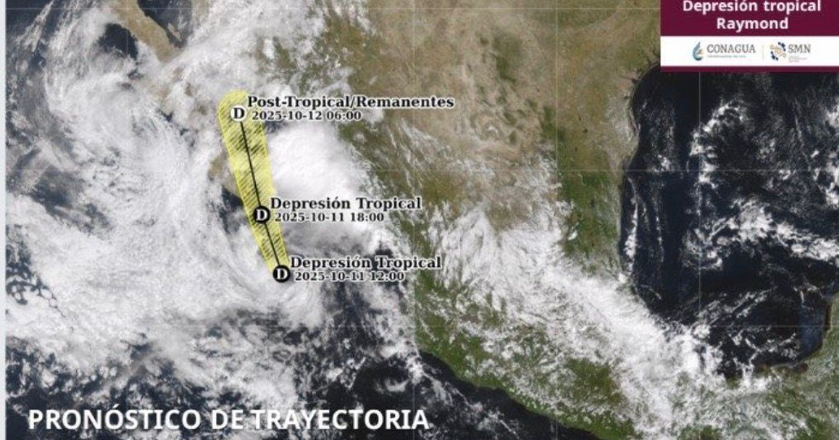 Mapa de trayectoria de la Depresión Tropical Raymond con zonas marcadas y fechas de evolución.