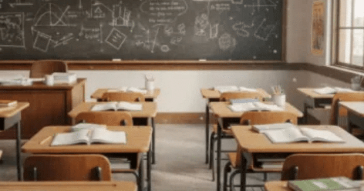 Aula con escritorios de madera, libros abiertos y pizarra con anotaciones académicas, iluminada por luz natural.