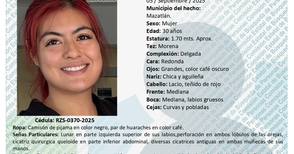 Ficha de búsqueda de Sandra Edith Huerta Valdez, desaparecida en Mazatlán, Sinaloa, el 5 de septiembre de 2025.