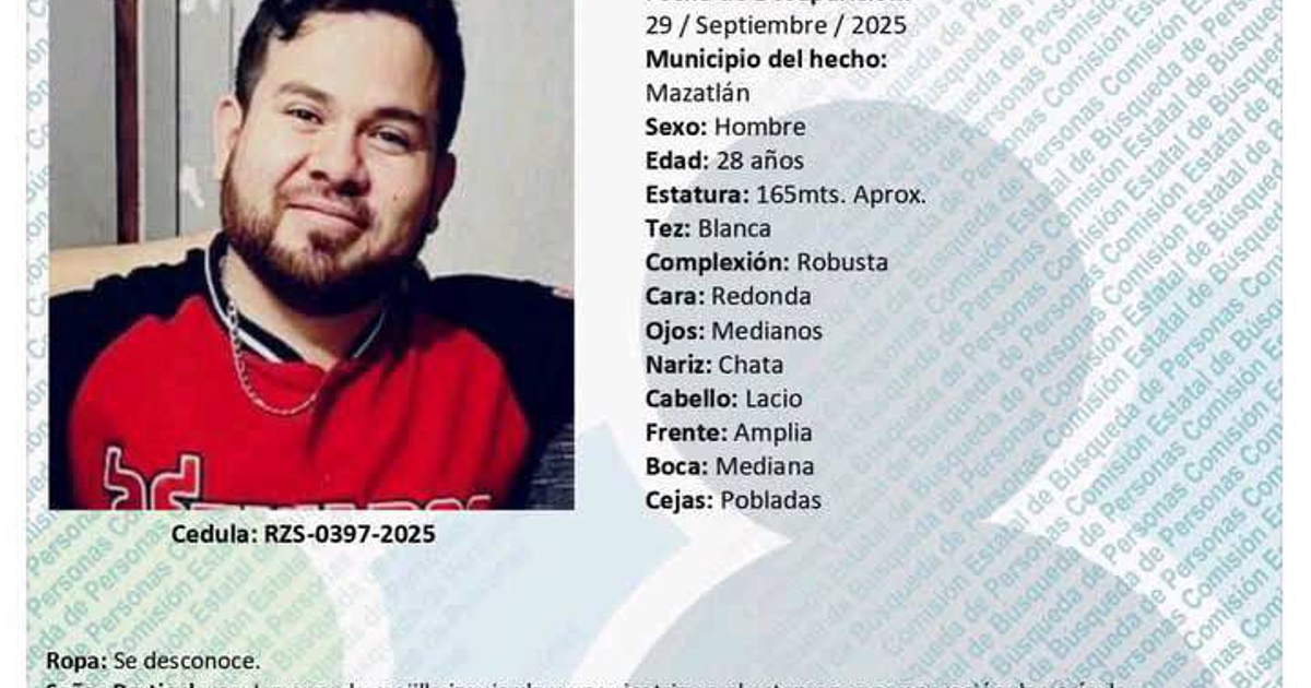 Ficha de búsqueda de Víctor Manuel Hernández Sarabia, desaparecido en Mazatlán.