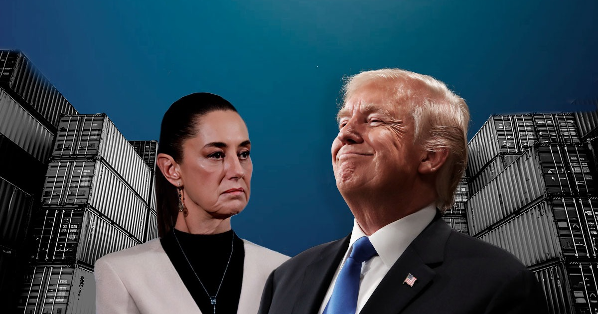 Dos personas en un entorno logístico, una sonriente y otra seria, simbolizando el diálogo comercial entre Sheinbaum y Trump.