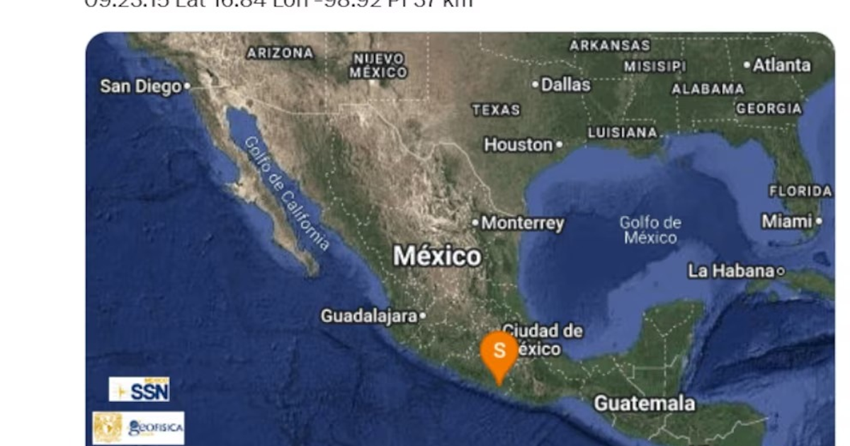 Mapa de México con epicentro del sismo en Guerrero