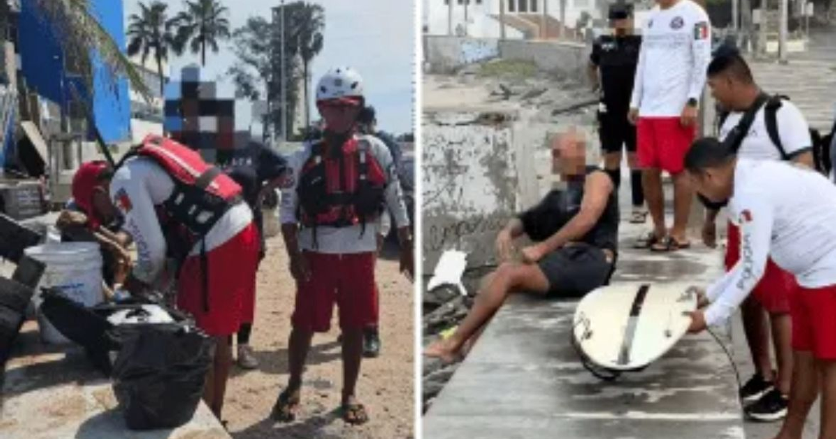Rescatistas asisten a surfista en playa de Mazatlán, Sinaloa.