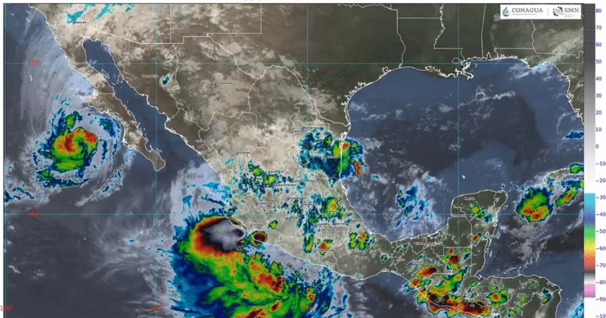 Mapa satelital de México y el Golfo de México con tormentas y huracanes, incluyendo la tormenta tropical Raymond.