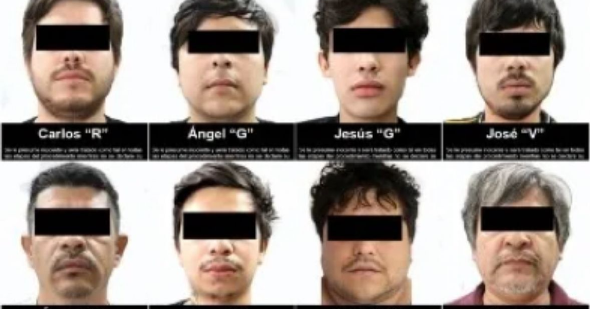 Fotografías de ocho hombres detenidos en Culiacán por delitos con armas, con rostros parcialmente cubiertos.