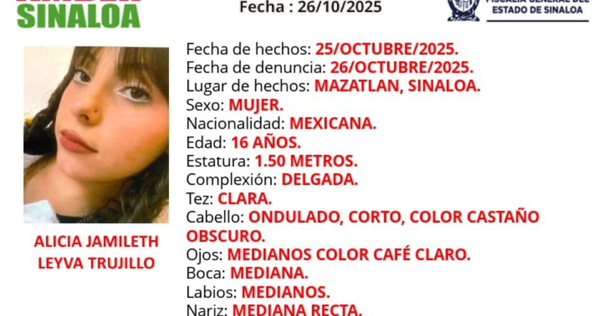 Ficha de búsqueda de Alicia Jamileth Leyva Trujillo, desaparecida en Mazatlán.