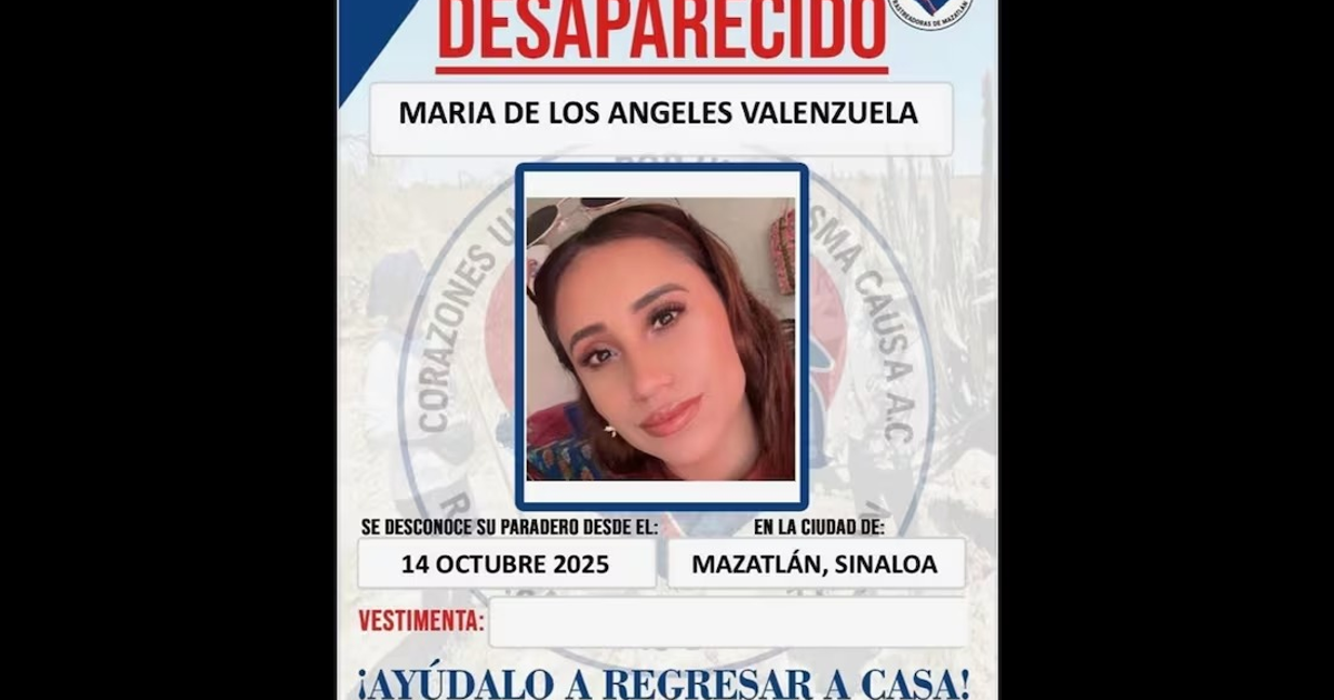 Cartel de búsqueda de María de los Ángeles Valenzuela, desaparecida en Mazatlán.
