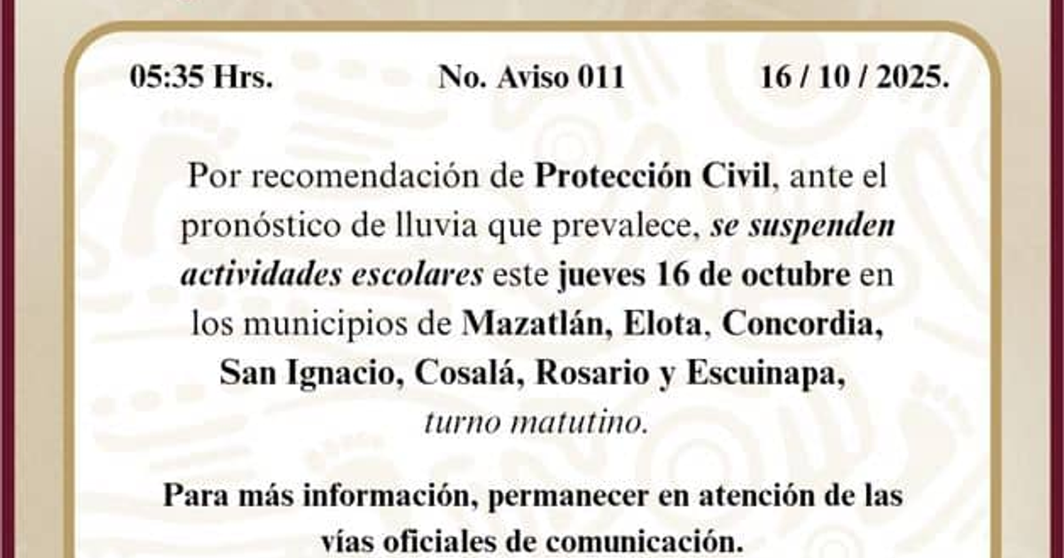 Aviso de Protección Civil sobre suspensión de clases en Sinaloa por lluvias