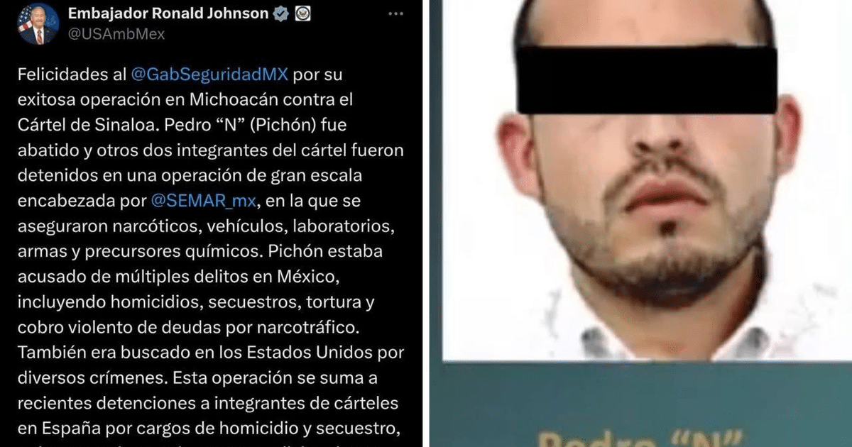Mensaje de Twitter del embajador Ronald Johnson felicitando a la SEMAR por su operación exitosa contra el Cártel de Sinaloa.