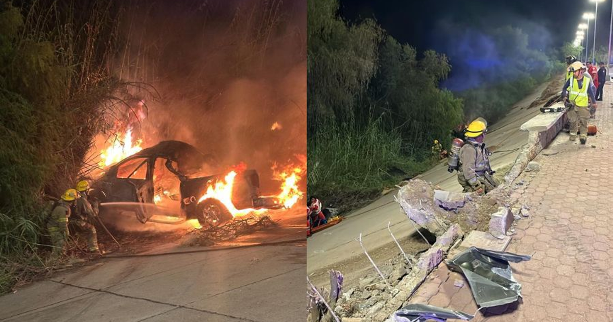Bomberos extinguiendo un incendio vehicular y atendiendo un deslizamiento de carretera en Guasave, Sinaloa.