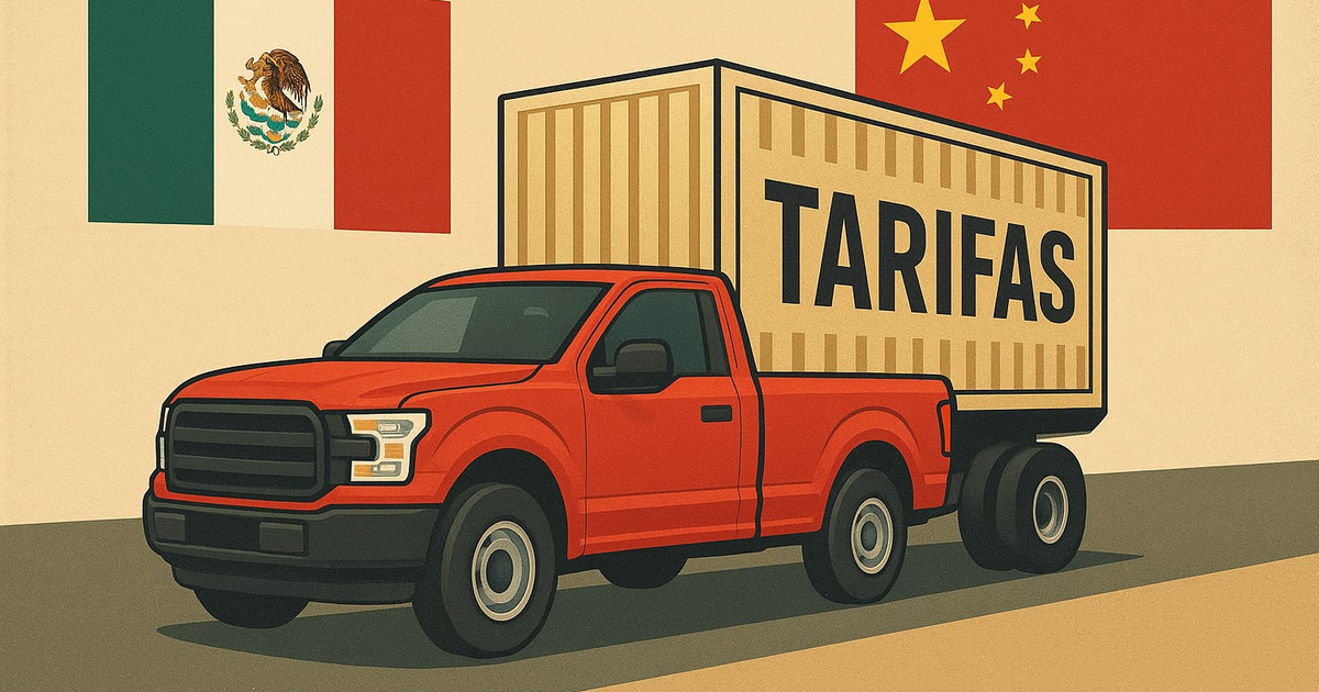 Ilustración de comercio internacional: Camioneta roja con "TARIFAS", banderas de México y China de fondo.