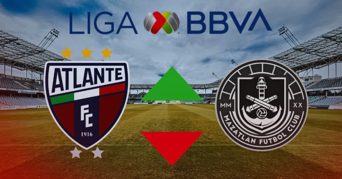 Logos de Atlante FC y Mazatlán FC con flechas de rendimiento en un campo de fútbol, relacionado con la compra de franquicia en la Liga MX.