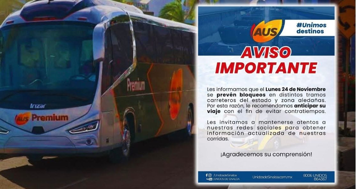 Autobús de AUS Premium estacionado con aviso sobre bloqueos en carreteras el 24 de noviembre.