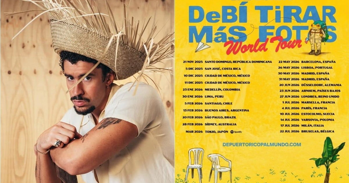 Hombre con sombrero de paja junto a cartel del World Tour de Bad Bunny 'Debí Tirar Más Fotos'.
