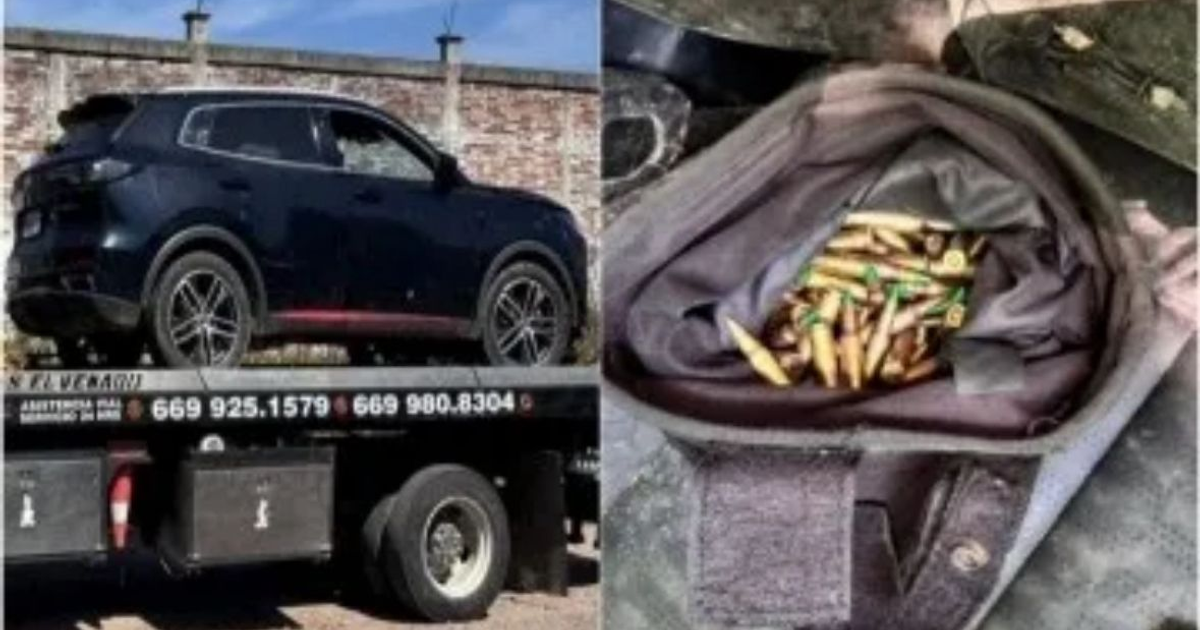 Camioneta negra en plataforma de remolque y bolsa con municiones aseguradas en Concordia, Sinaloa