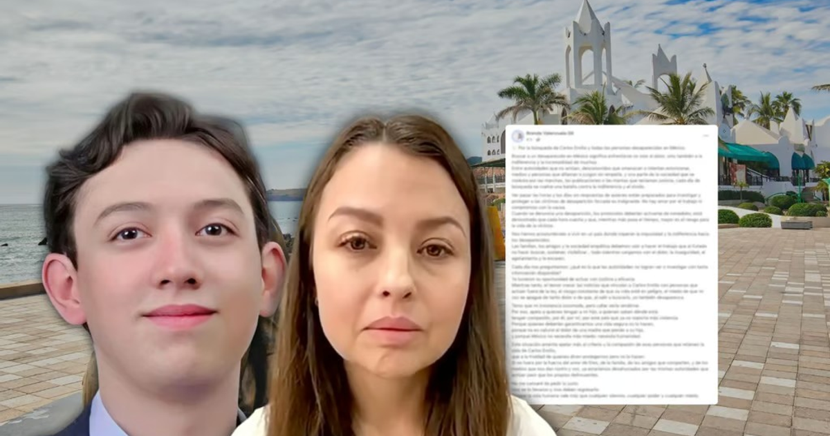 Montaje de dos personas serias, paisaje costero y texto sobre desaparición en Mazatlán.