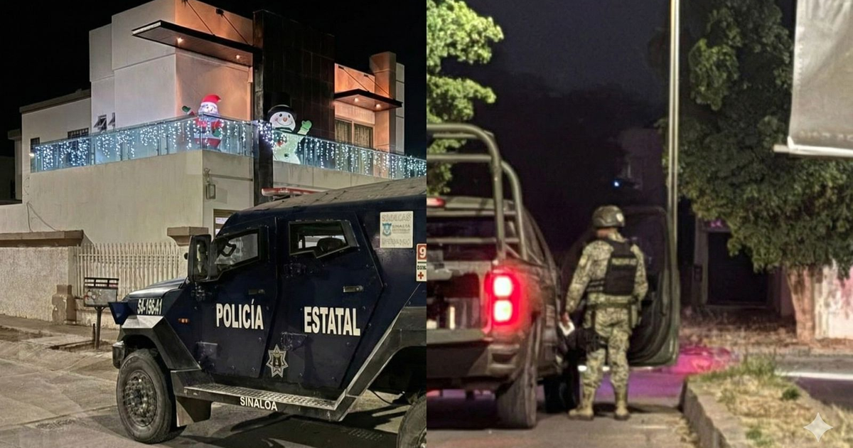 Imagen nocturna de operativo de seguridad en Culiacán con casa decorada y agencia policial presente.