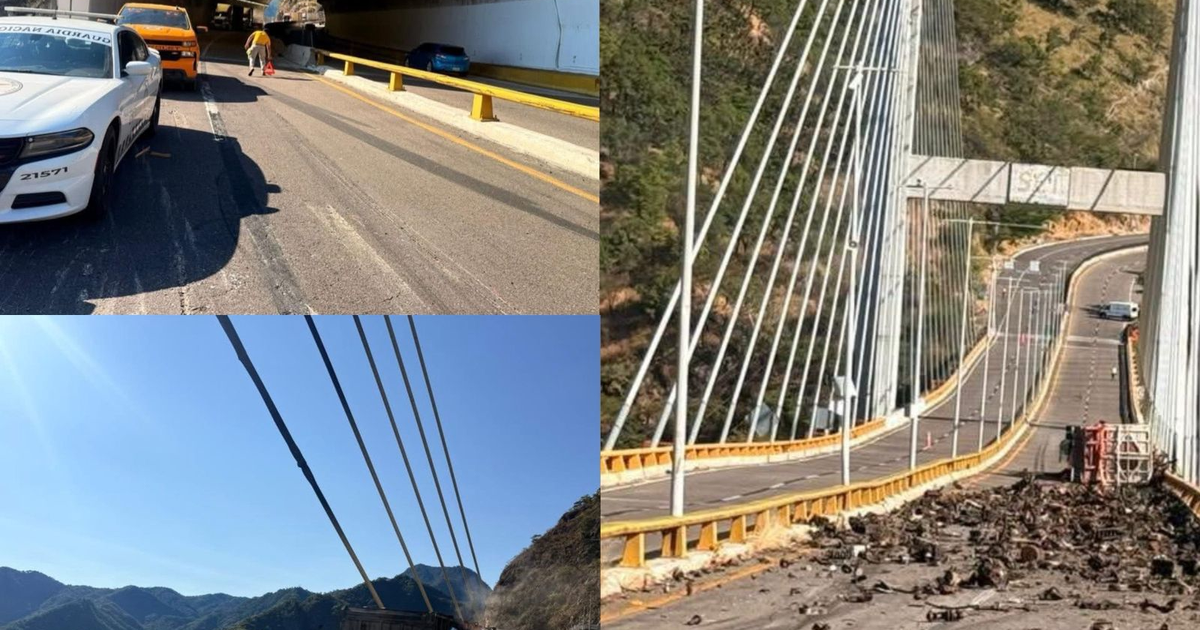 Vehículo de policía y escombros en la carretera Mazatlán-Durango, cerca del puente El Carrizo tras volcadura de camión.