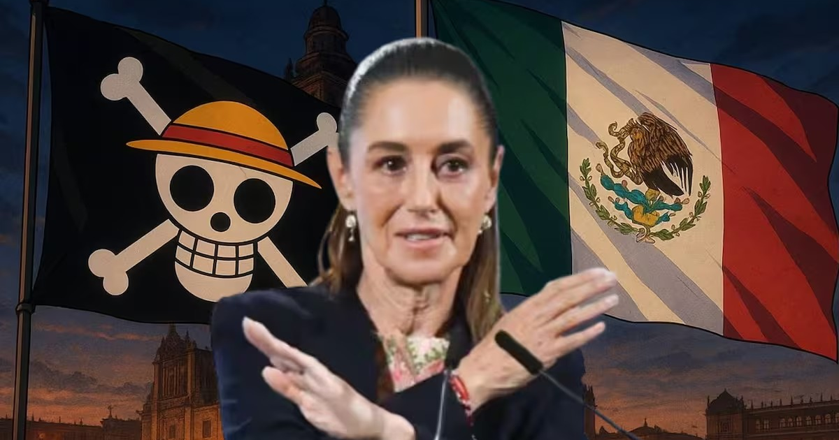Mujer con gesto de rechazo frente a banderas de México y One Piece
