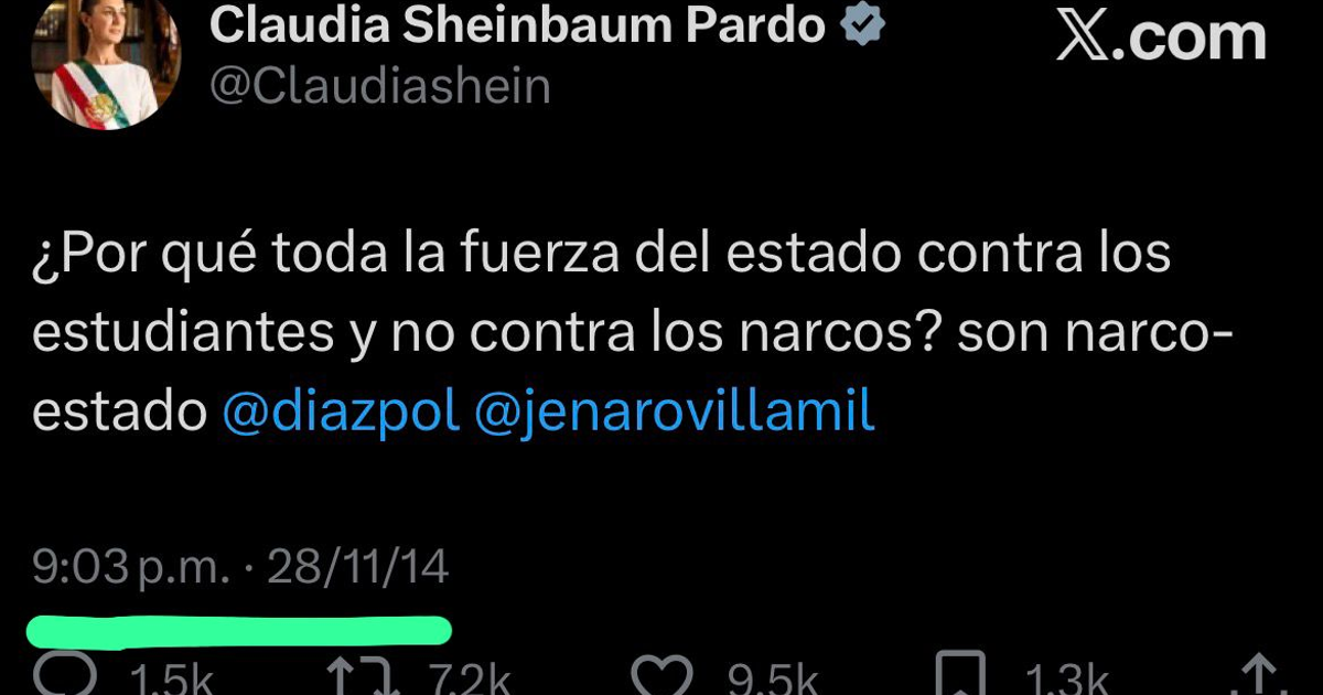 Tuit de Claudia Sheinbaum de 2014 sobre el uso de la fuerza del Estado contra estudiantes.