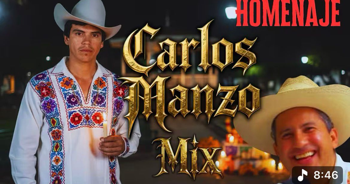 Hombre con camisa bordada y sombrero sosteniendo una vela en un evento nocturno, con las palabras 'Carlos Manzo Mix' y 'Homenaje' en la parte superior.