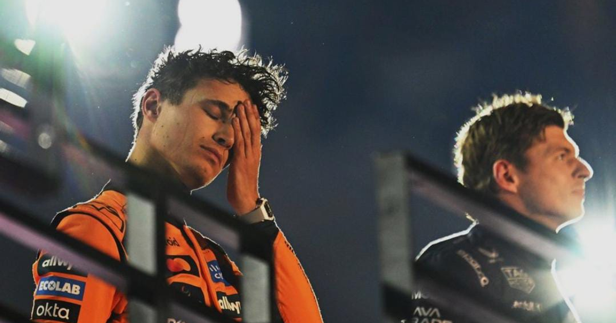 Piloto frustrado en uniforme naranja y piloto tranquilo en uniforme oscuro tras GP de Las Vegas 2025
