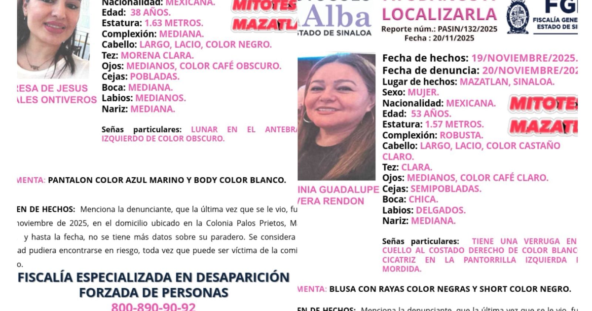 Cartel de búsqueda de Teresa de Jesús Morales Ontiveros y Herminia Guadalupe Rivera Rendón, desaparecidas en Mazatlán, Sinaloa.