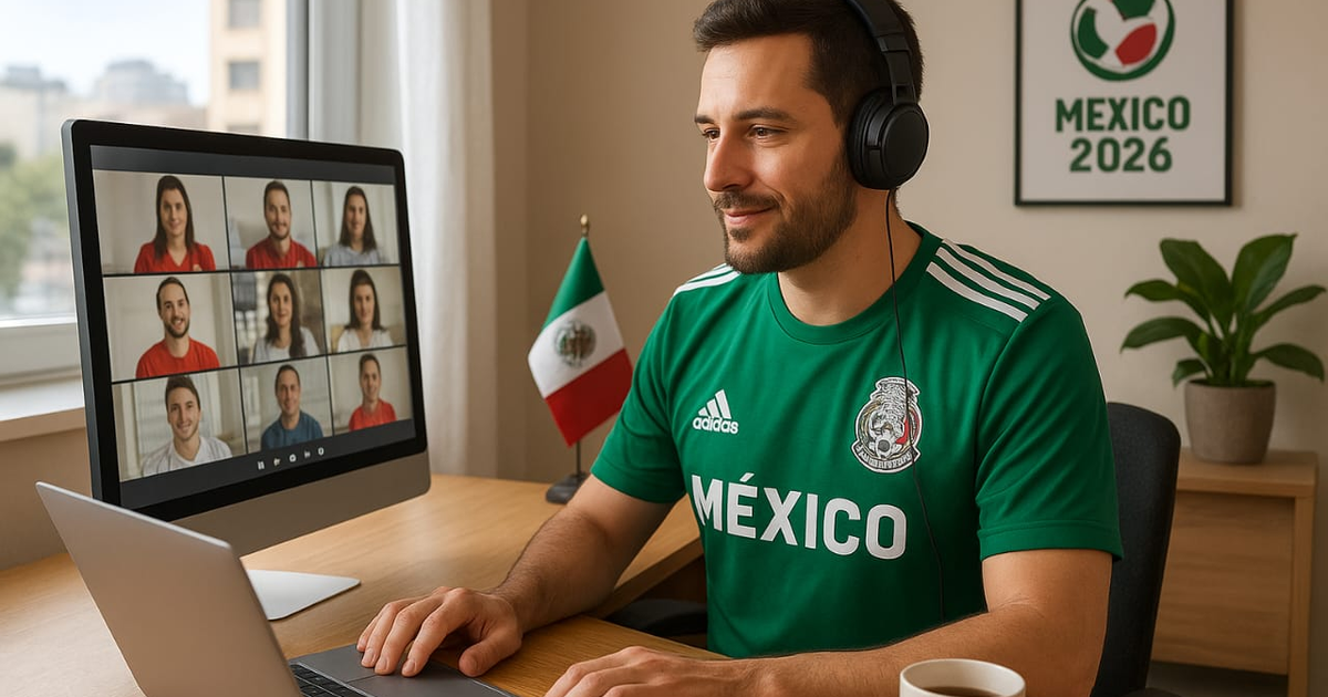 Hombre en videollamada con bandera y cartel de MÉXICO 2026, promoviendo el teletrabajo por el Mundial.
