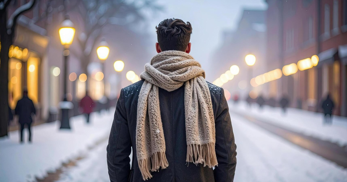 Persona caminando en una calle nevada iluminada por faroles en Ahome, Sinaloa, durante el frente frío 13.