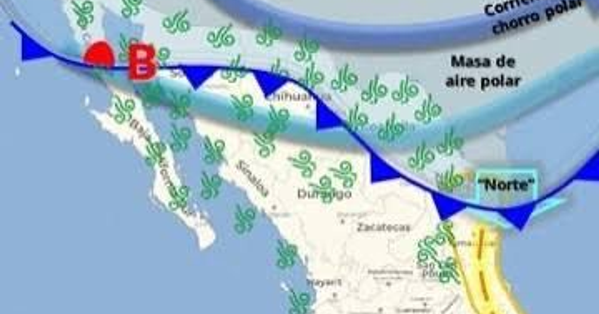 Mapa meteorológico del frente frío número 15 en el noroeste de México, mostrando corrientes de aire y límites de masa de aire frío.