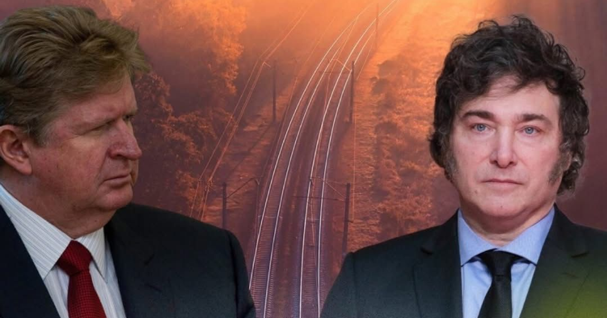 Dos personas en primer plano con vías de tren y paisaje de fondo, vinculadas a la licitación de Belgrano Cargas por Grupo México Transportes.