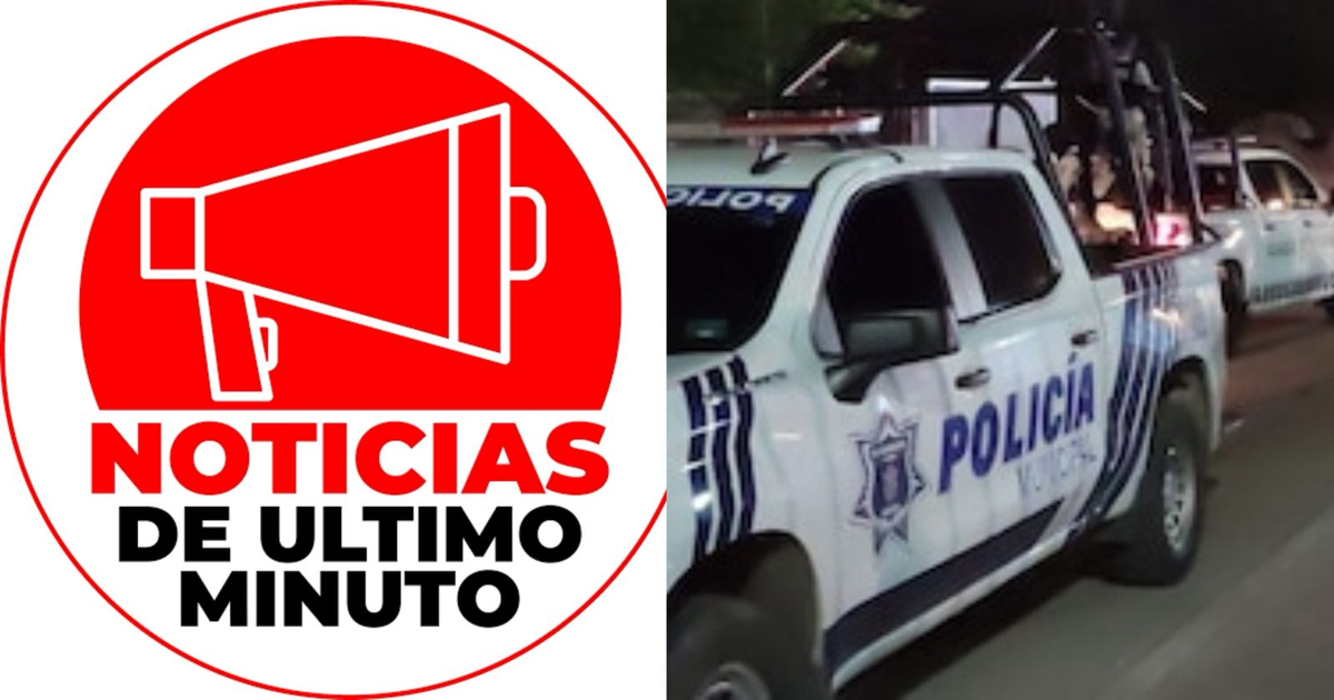 Logotipo de 'NOTICIAS DE ÚLTIMO MINUTO' y camioneta de policía en Mazatlán, Sinaloa, tras hallazgo de hombre herido en puente peatonal.