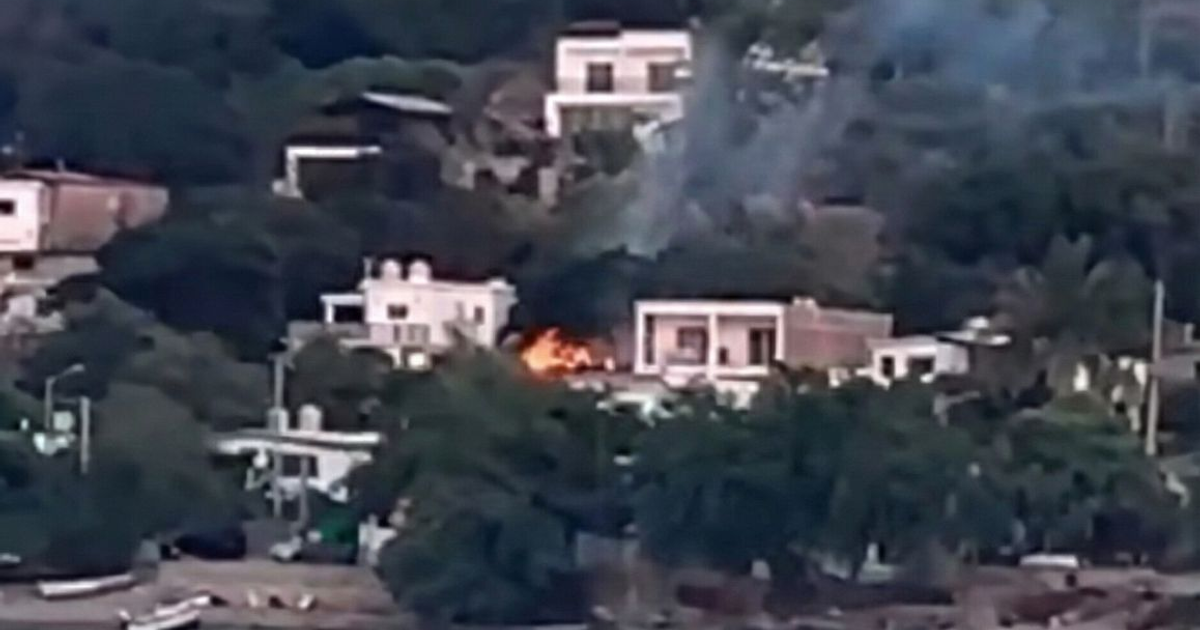 Columna de humo y llamas emergiendo de un edificio incendiado rodeado de vegetación en Mazatlán