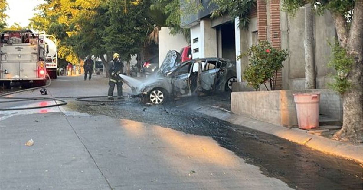 Bombero extinguiendo incendio de vehículo en Culiacán, Sinaloa, con camioneta de bomberos y árboles alrededor.