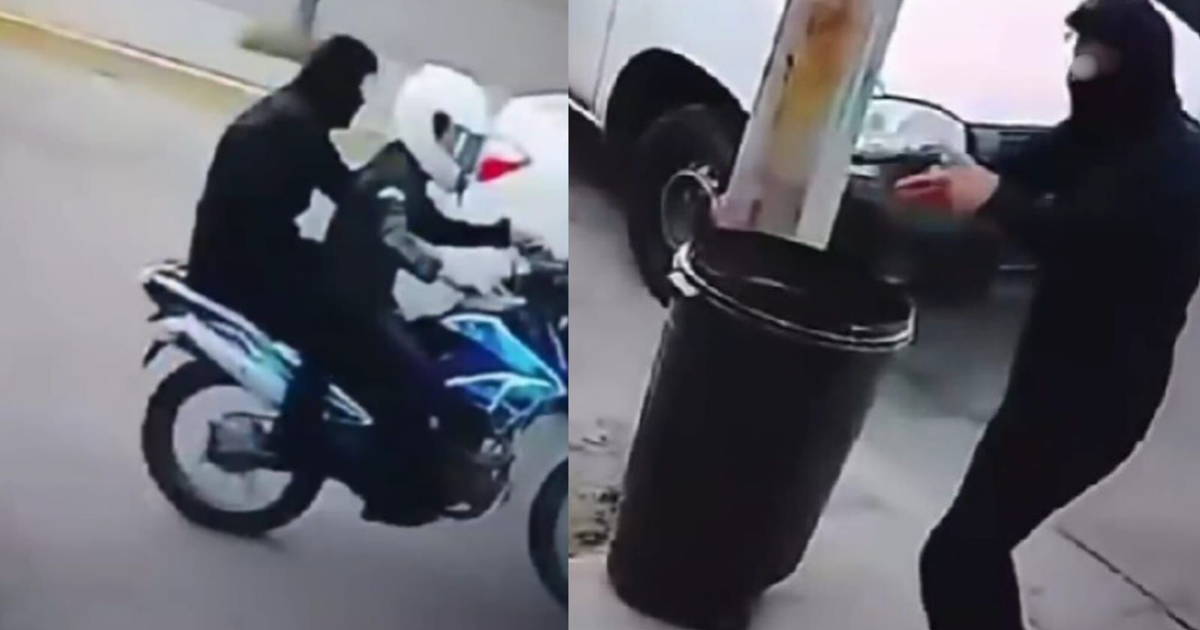Dos escenas de un intento de ataque en Mazatlán: motociclista con casco y persona vestida de negro.