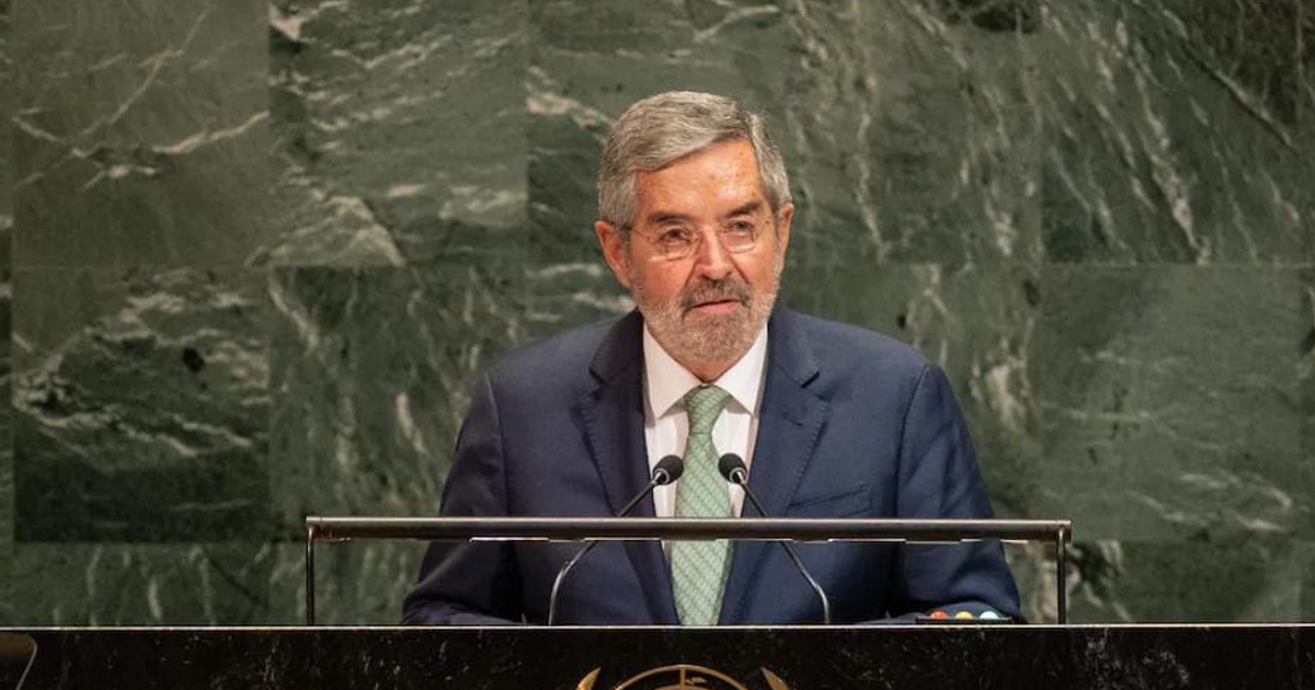 Juan Ramón de la Fuente hablando en un podio durante un evento internacional, frente a un fondo de piedra verde, con traje azul y barba canosa.