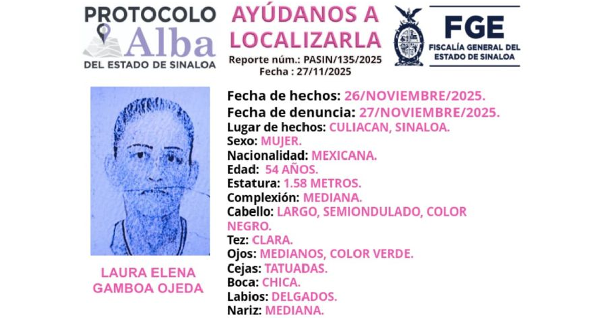 Cartel de búsqueda Protocolo Alba: Laura Elena Gamboa Ojeda desaparecida