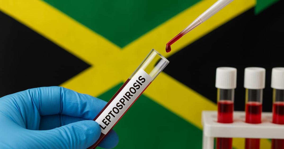 Tubo de ensayo con etiqueta 'LEPTOSPIROSIS' y pipeteador en laboratorio médico, bandera de Jamaica al fondo.