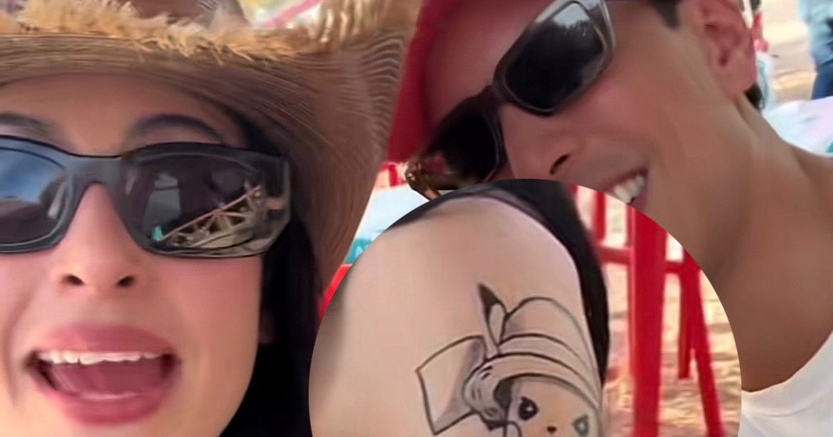 Lupita Villalobos y Untalfredo en Mazatlán con tatuaje temporal de Pikachu