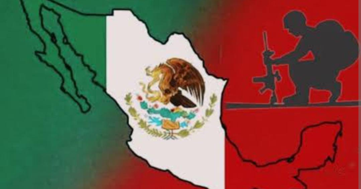 Mapa de México en colores de bandera con escudo nacional y silueta de soldado