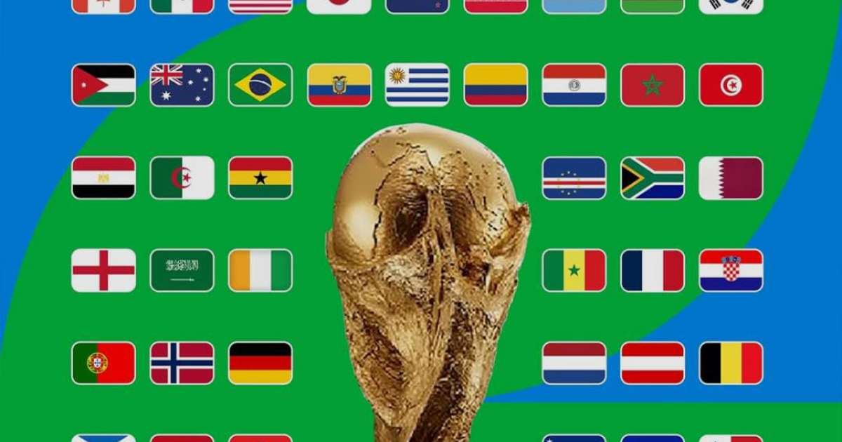 Banderas de países participantes en la Copa Mundial 2026 con trofeo dorado en el centro